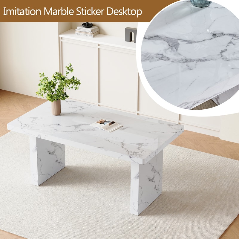 5 Piece Rectangular Dining Table Set, Modern 63" Imitation Marble Dining Table w/ 4 PU Upholstered Chair for Kitchen