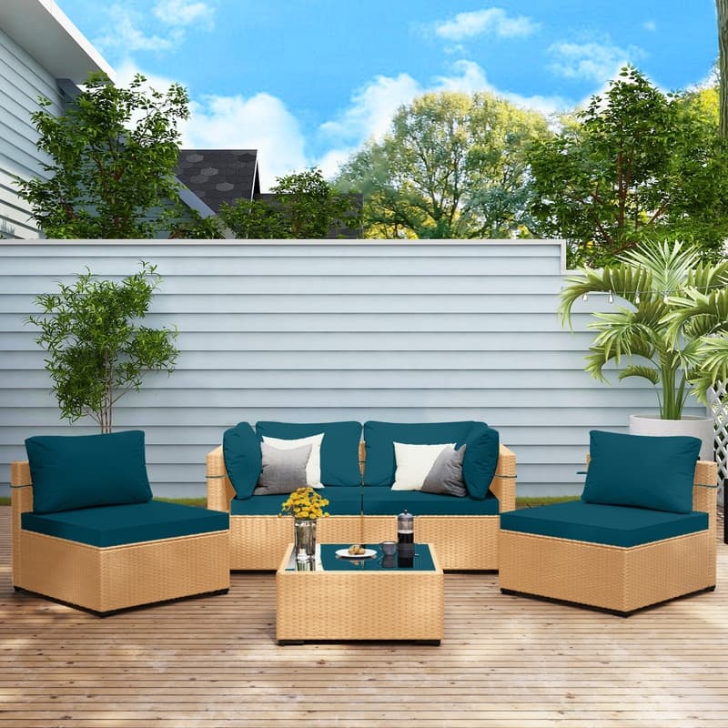 Patio Watcher 5-Pieces Yellow Rattan Conversation Set with Cusions for Outdoors