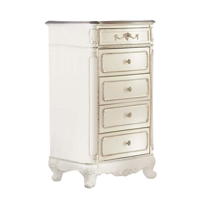 5 Drawer Chest with Floral Motif Carving Details, Antique White and Brown