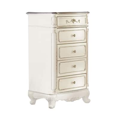 5 Drawer Chest with Floral Motif Carving Details, Antique White and Brown