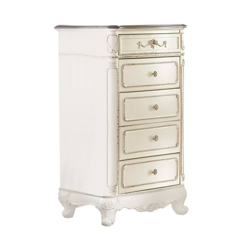 5 Drawer Chest with Floral Motif Carving Details, Antique White and Brown