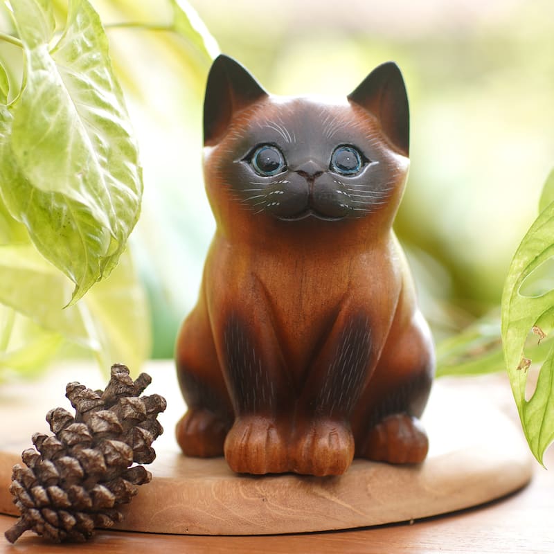 Novica Handmade Hungry Cat Wood Figurine