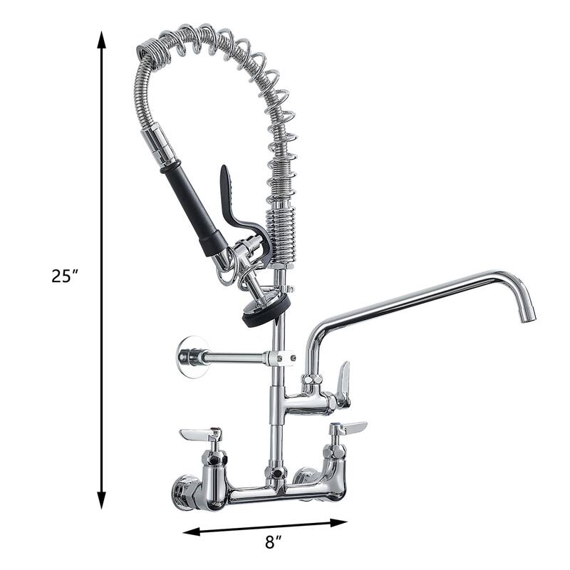 26 Inch Modern Commercial Brushed Nickel Kitchen Faucet with Pre-Rinse Sprayer - 8 In. W X 25 In. H X 8 In. D