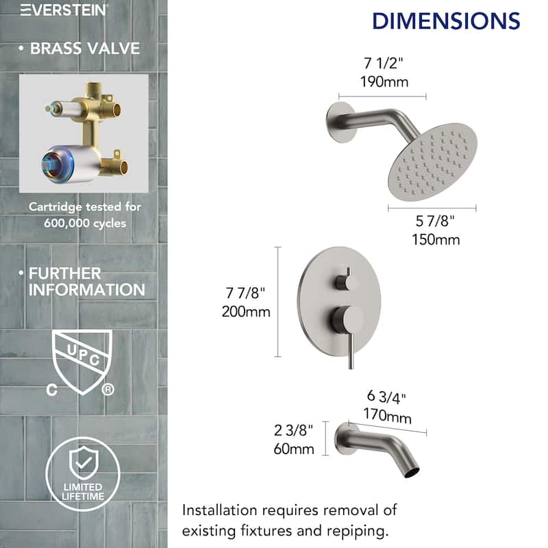6" Dual-Function Tub and Shower Faucet Set, Modern Tub And Shower Trim Kit Valve Included