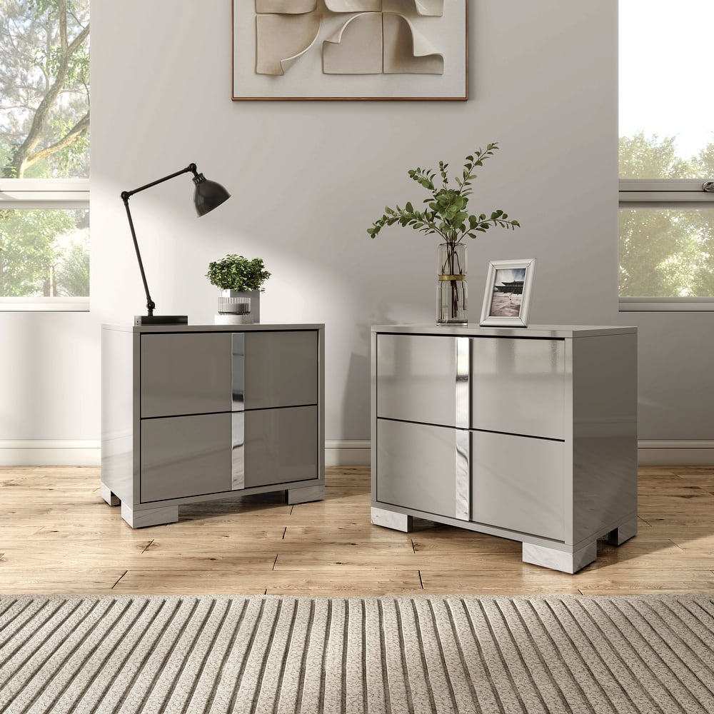Furniture of America Erina Modern Glossy 2-drawer Nightstand (Set of 2), No Assembly Needed