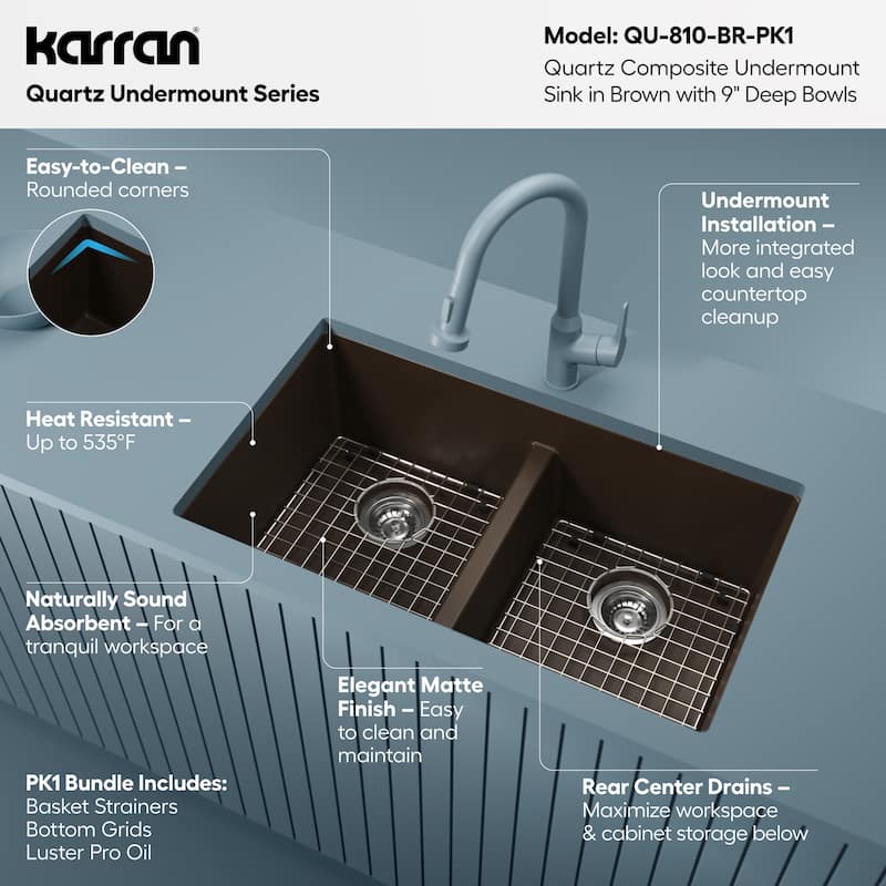 Karran 32" Undermount Double Equal Bowl Quartz Kitchen Sink Kit - 32" x 19.5" x 9"