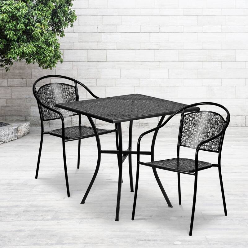 28'' Square Indoor-Outdoor Steel Patio Table Set with 2 Round Back Chairs - Black