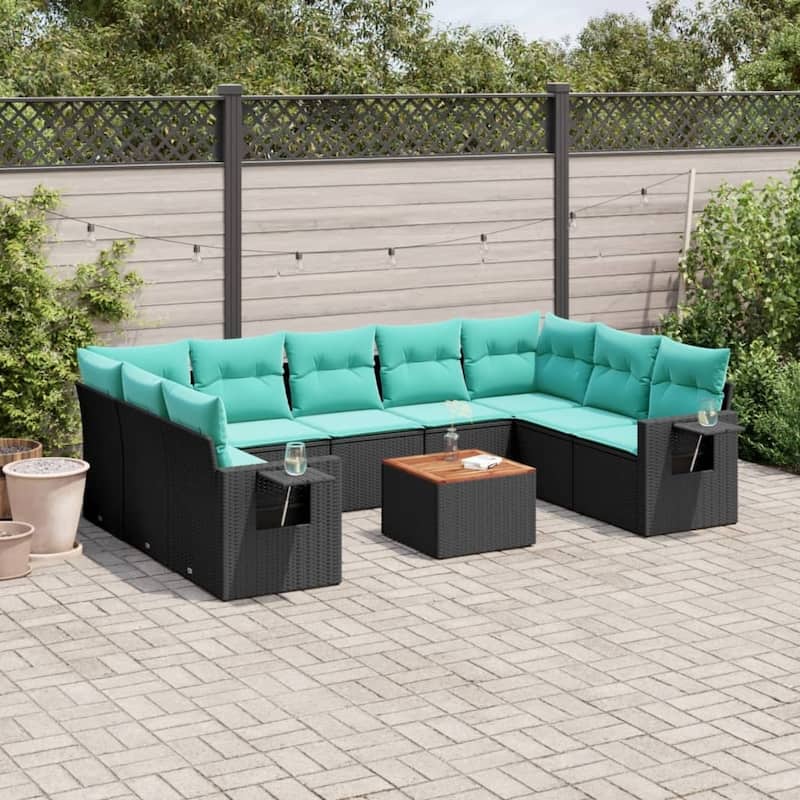 vidaXL 10 Piece Patio Sofa Set with Cushions Black Poly Rattan - 24.4 x 24.4 x 27.2 - Black-Table + 5x middle + 2x corner