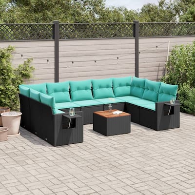 vidaXL 10 Piece Patio Sofa Set with Cushions Black Poly Rattan - 24.4 x 24.4 x 27.2