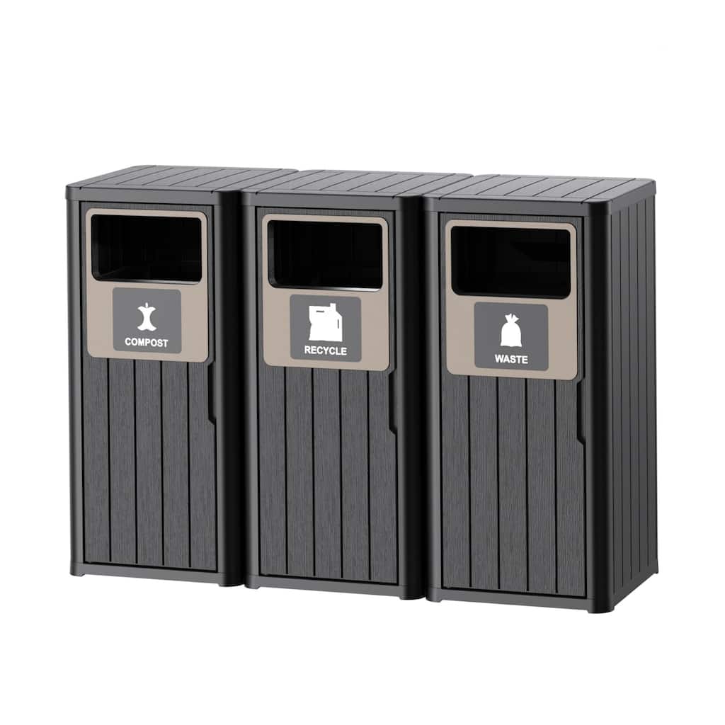Outdoor Tripple Barrel Trash Can,Waterproof Resin Garbage Can with Garbage Labels,Durable Waste Bin for Porch, Backyard