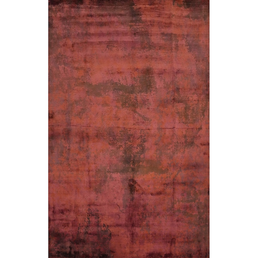 Hand Knotted Oriental Viscose Silk Carpet Modern Abstract Oranges & Rust Abstract Area Rug - 9' 7'' X 6' 8''
