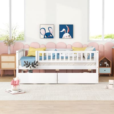 Twin Size Daybed Wood Storage Bed with Pull-out Drawers and Fence