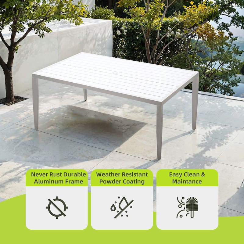 Outdoor Patio Aluminum 40"x70" Rectangle Dining Table with Two-Tone Top, Tapered Feet & Umbrella Hole, Matte White and Grayish