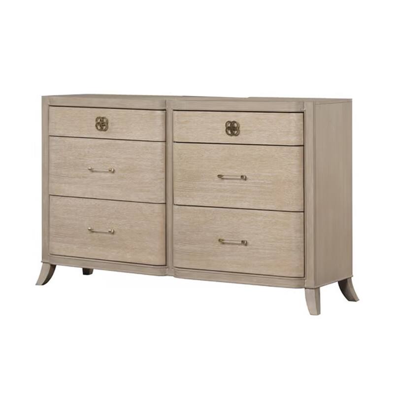 Fea 6 Drawer Wide Dresser, Natural Oak Brown Solid Wood, Acrylic