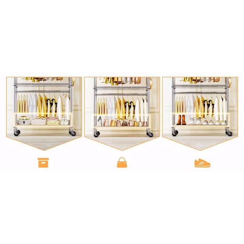 Heavy Duty Rolling Garment Rack with Wheels, 3-Tier Adjustable Wire Shelving, Clothes Rack with 2 Rods & Side Hooks