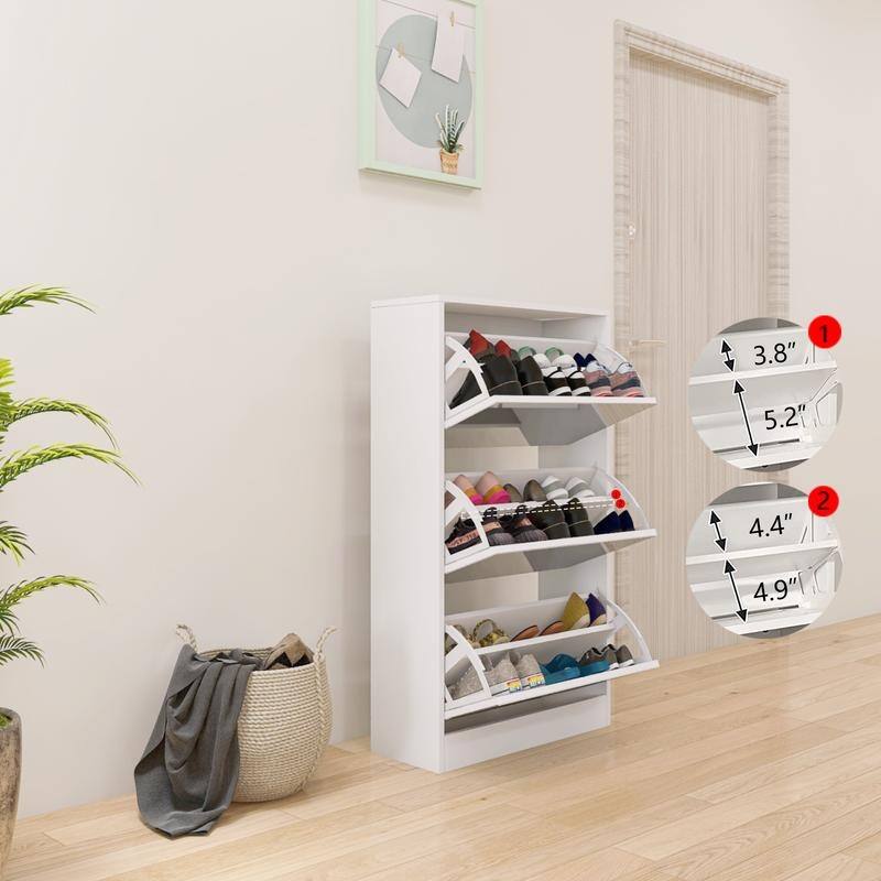 White 3-Tier Slim Shoe Storage Cabinet with Mirror