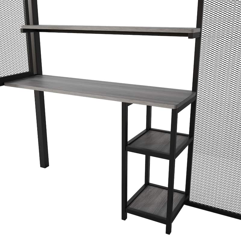 Black Full Size Metal Loft Bed with Wardrobe, Desk, and Storage Shelves