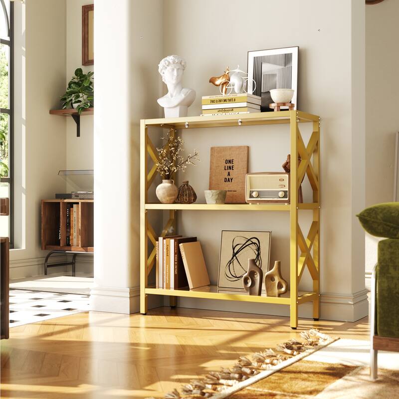 Modern Gold Bookshelf with Tempered Glass Shelves, 3-5 Tires Display Storage Shelving