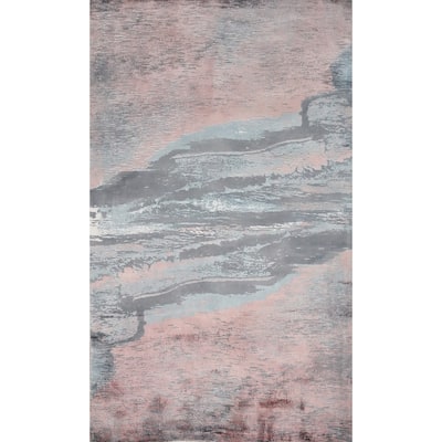 Hand Knotted Oriental Viscose Silk Carpet Modern Pictorial Multi-Colored Abstract Area Rug - 7' 11'' X 5' 3''