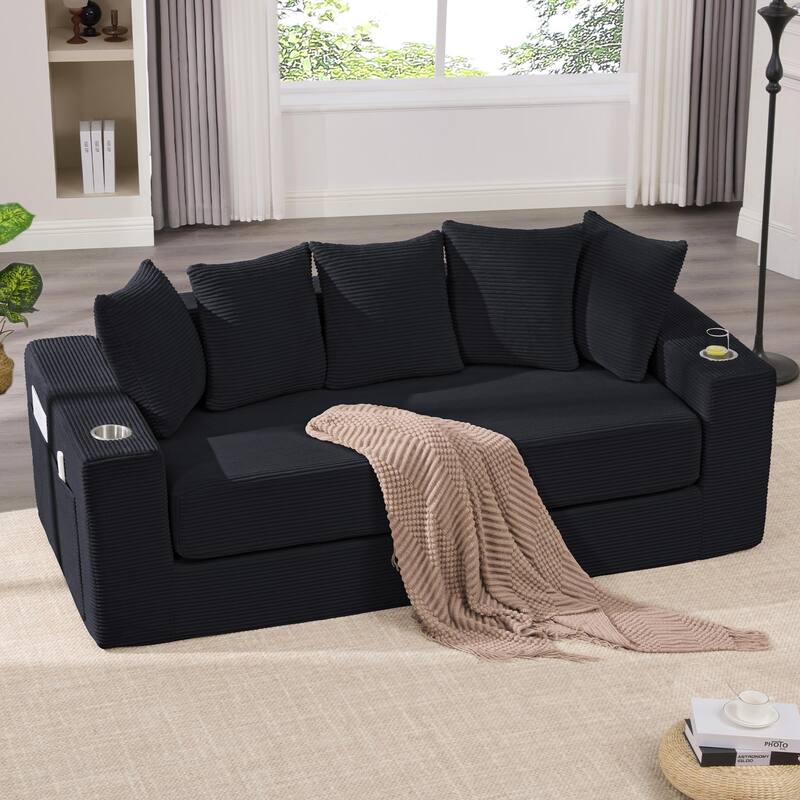 2-in-1 Convertible Sleeper Sofa, Floor Folding Couch, Sofa Bed with Side Pocket, Pull Out Loveseat with Cup Holders