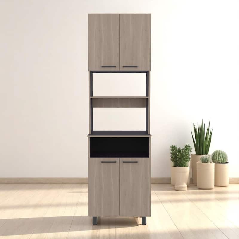 Kitchen Pantry Storage Cabinet with 5 Shelves, 4 Doors, Coffee Station Shelf, Black and Bardolino Oak