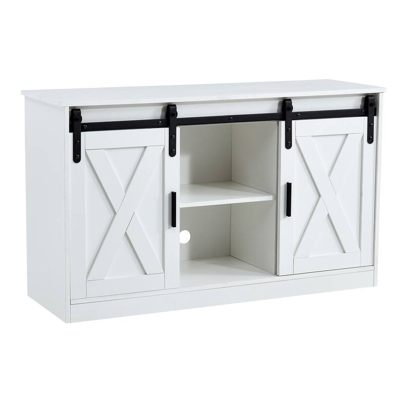 White 46.9" TV Stand with Two Sliding Barn Doors and 3-Layer Storage Space for Living Room