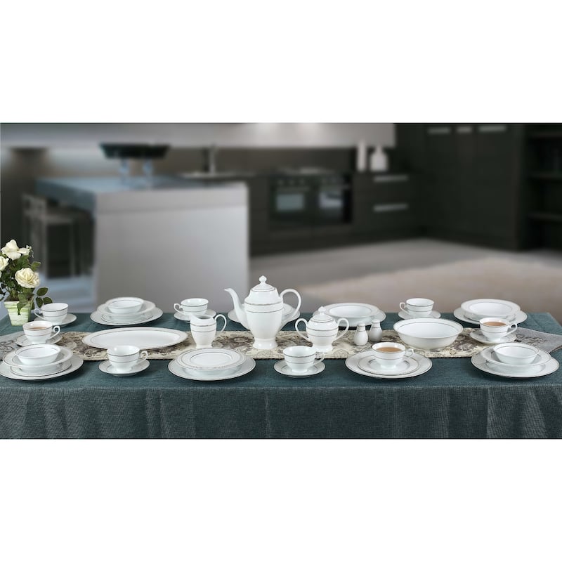 57 Piece Silver Dinnerware Set-New Bone China Service for 8 People