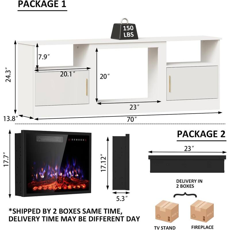 BOSSIN 70-inch TV Stand with 23" Electric Fireplace, Modern High-Gloss Entertainment Center for TVs up to 80" for Living Room