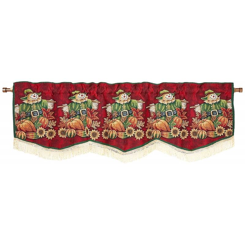 Violet Linen Fall Harvest Thanksgiving Autumn Leaves Pumpkins Tapestry, 60" x 15", Straight, Rod Pocket Curtain Valance - Scarecrow