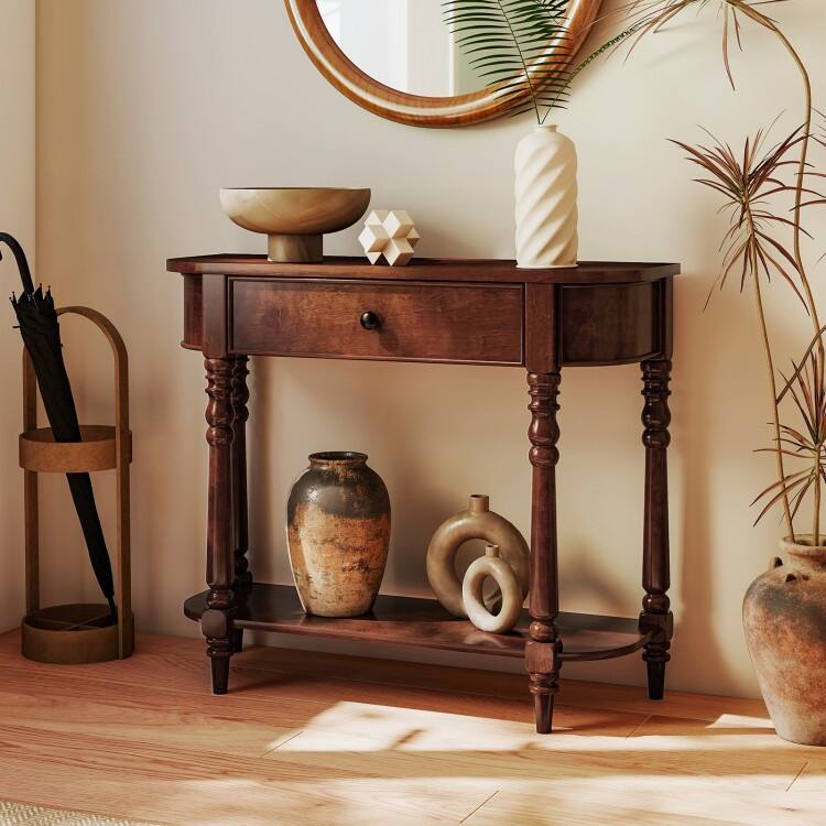 Retro Solid Wood Console Table with Drawer and Shelf Narrow Entryway Sofa Table for Living Room Hallway - 36" x 13" x 31"