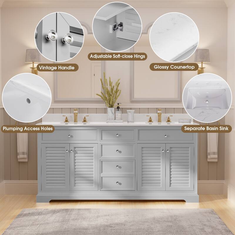 72-Inch Solid Wood Double Sink Bathroom Vanity with Louvered Doors – Classic Coastal Style and Ample Storage
