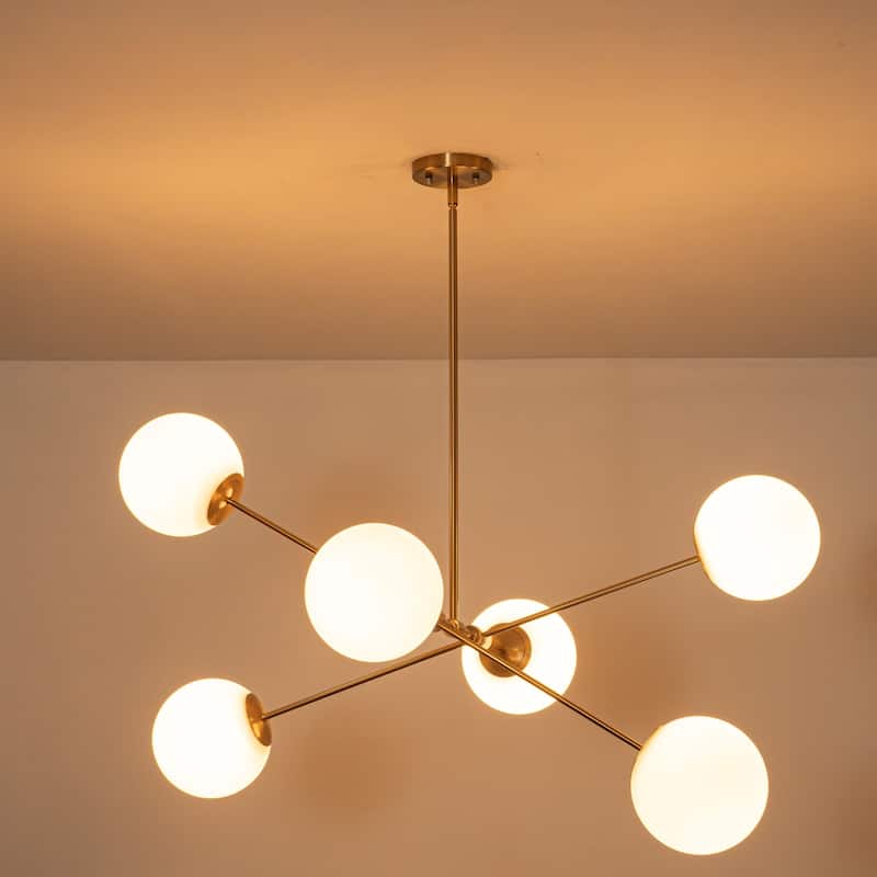 6-Light Mid-Century Modern Brass and Glass Globe Sputnik Chandelier for Living Room - 6 Light - White