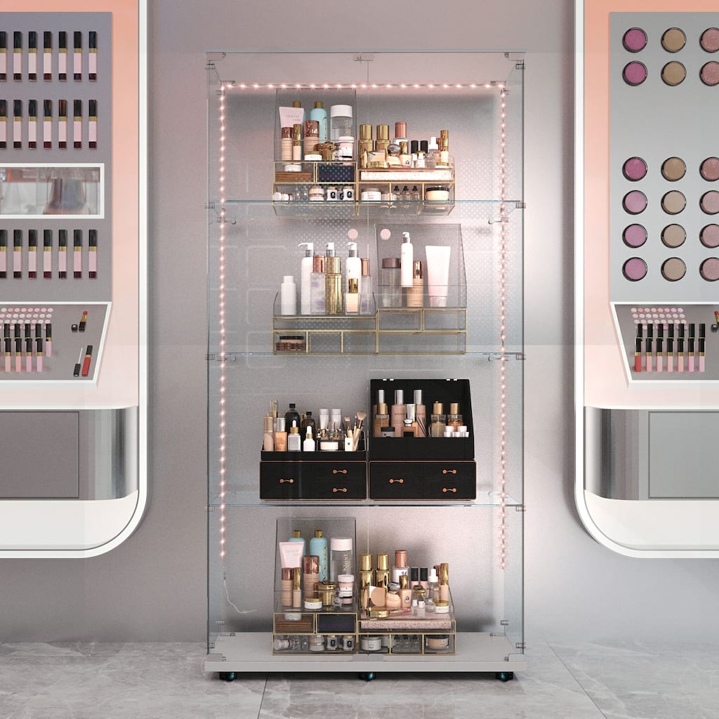 Versatile Tempered Glass Cabinet with Smart Lighting and Mobility