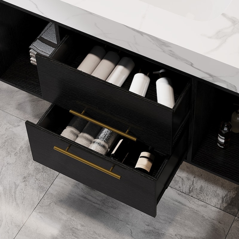 GDFStudio - Modern 39.4" Wall Mounted Floating Sintered Stone Bathroom Vanity with Seamless Ceramic Sink & Soft-Close Drawers