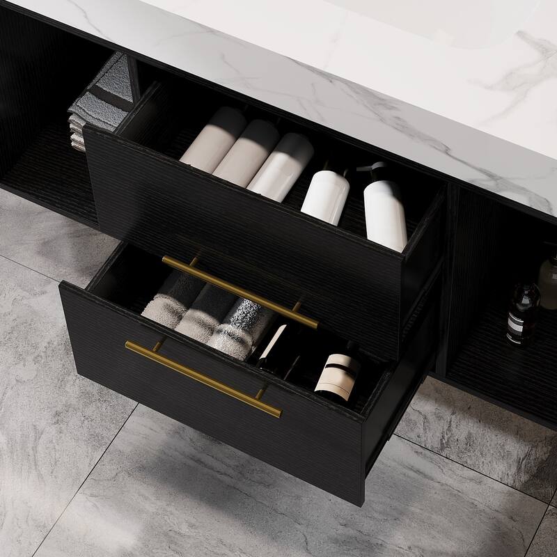 Modern 39.4 Inch Floating Bathroom Vanity with Ceramic Sink, Solid Wood Cabinet & Gold Metal Handles