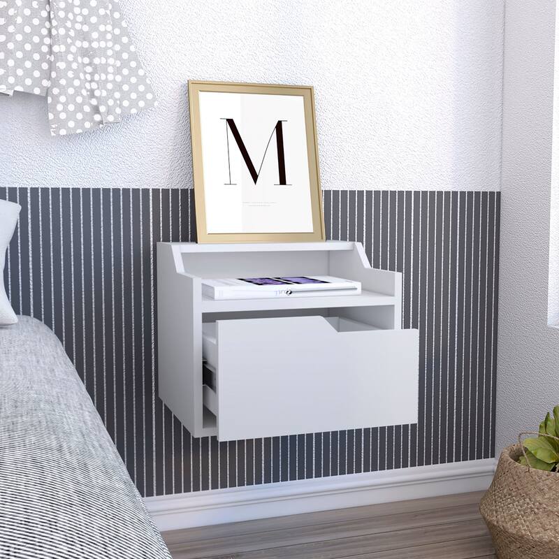 Modern Floating Nightstand , End Table, Side Table Single-Drawer Design with Sleek Two-Tiered Top Shelf Surfaces