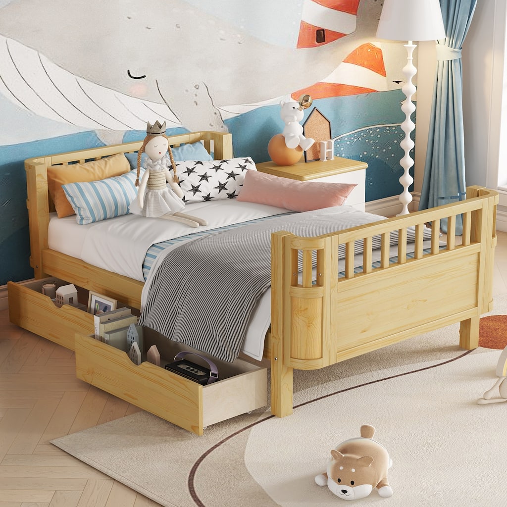 Wooden Kids Bed with 2 Storage Drawers, Guardrails and Removable Side Rail, Rounded Corners Frame Montessori Bed, Toddler Bed