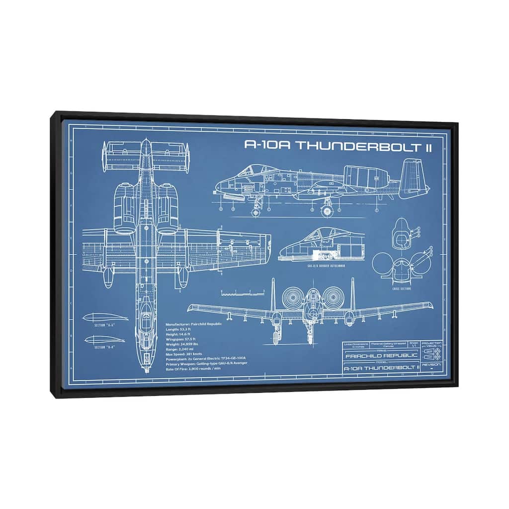 iCanvas "A-10 Thunderbolt II (Warthog) Airplane Blueprint" by Action Blueprints Framed Canvas Print