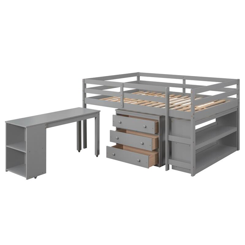 Low Study Loft Bed with Cabinet ,Shelves and Rolling Portable Desk ,Multiple Functions Bed