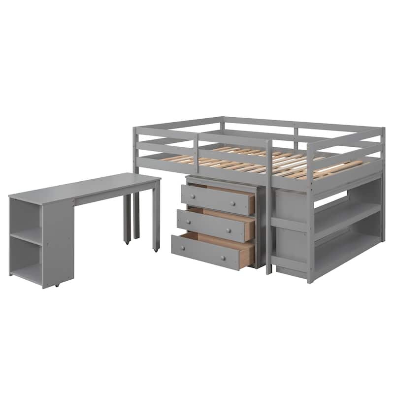 Low Study Loft Bed with Cabinet and Rolling Portable Desk