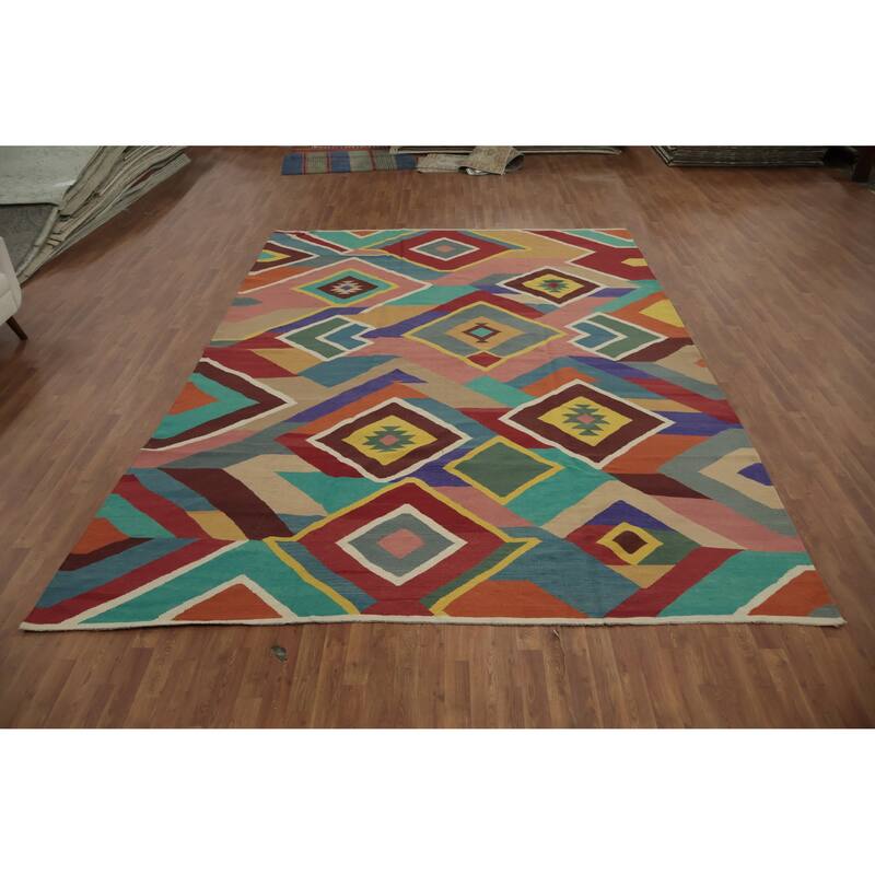 Hand Woven Oriental 100% Wool Carpet Southwestern Modern Multi-Colored Kilim Area Rug - 13' 10'' X 9' 7''