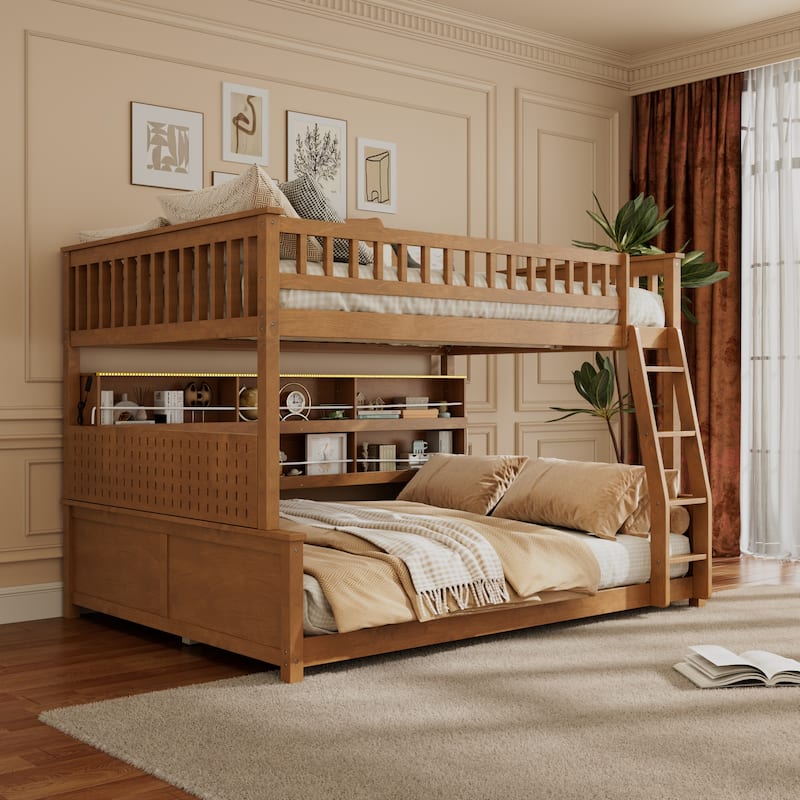 Full XL over Queen/Full over Full Bunk Bed with Integrated Shelving, Color-Changing Lights & Pegboard