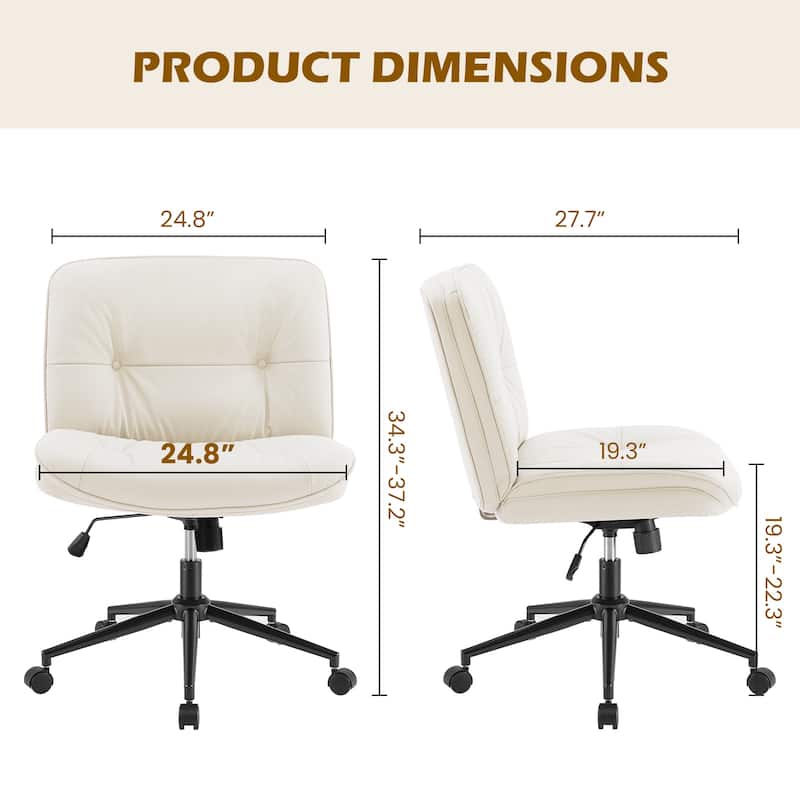Armless Office Desk PU Leather Wide Seat with Wheels