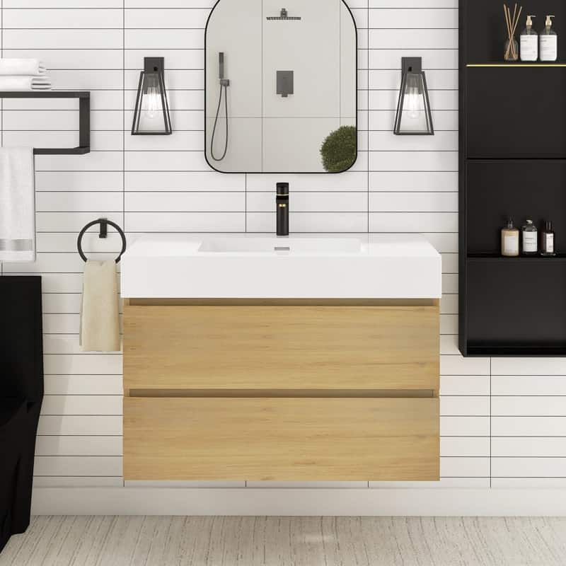 24/30/36 inch Wall-Mounted Bathroom Vanity Set in Oak with Integrated Resin Sink