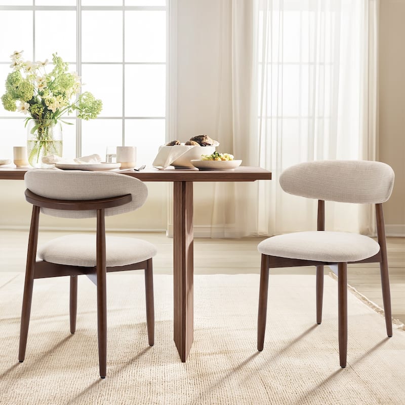 Set of 2 Wooden Dining Chairs, Fabric Upholstered, Beige
