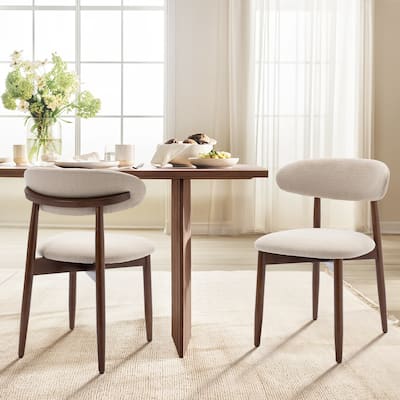 Set of 2 Wooden Dining Chairs, Fabric Upholstered, Beige