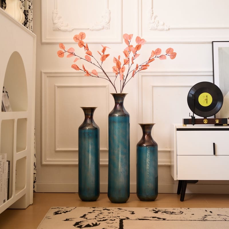 Large White Droplet-Shaped Glazed Metal Floor Vase Set (3-Piece) ，Modern Home Decor for Living Room, Entryway & Office