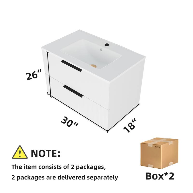30 Inch Bathroom Vanity Cabinet With Ceramic Sink - White Wall Mounted Floating Fluted Vanity With Drawers