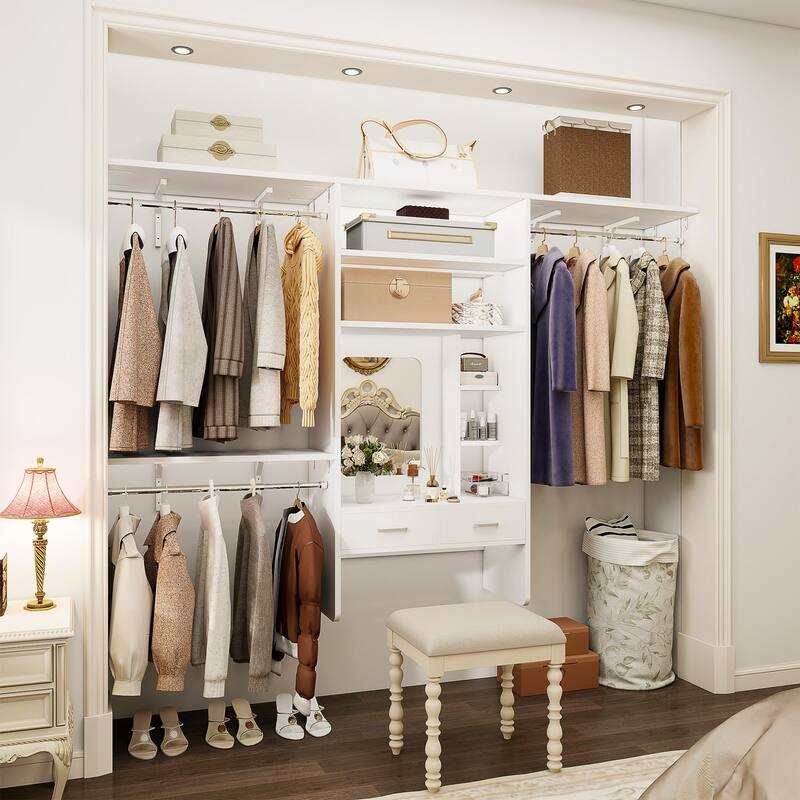 Cimly Wall-mounted Closet System with 32'' Makeup Vanity Desk, Space-saving Organizer with Hanging Rods and Mirror