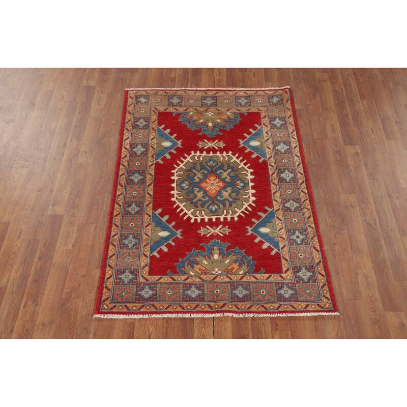 Traditional Red Kazak Oriental Accent Rug Hand-Knotted Wool Carpet - 3'5" x 4'11"